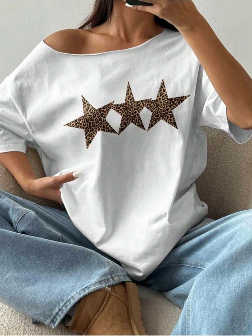 SHEIN White Off-Shoulder Tee with Leopard Star Print